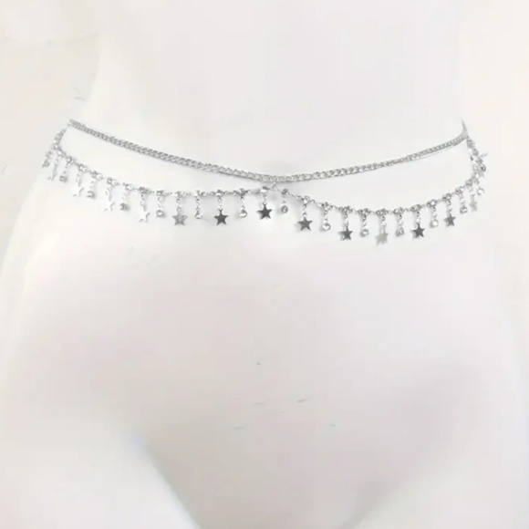 NEW Silver Celestial Whimsigoth Layered Metal Chain Belt w/ Stars & Crystals - Picture 4 of 5